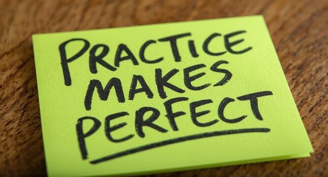 Motivational phrase Practice makes perfect written on a bright green sticky note