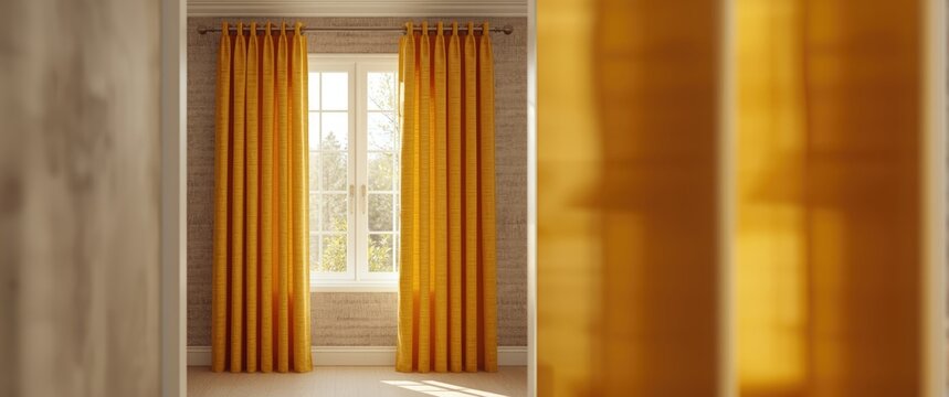 Yellow curtain panels on rails in living room wall background with copy space