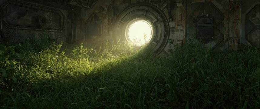 Empty room of space station overrun by thick grass and plants bathed in soft porthole light