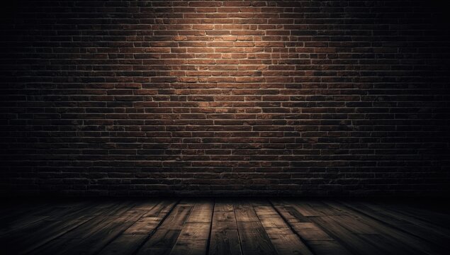 Grunge style background of empty brick wall and rustic stone floor with atmospheric dramatic lighting