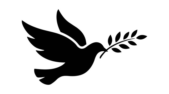 Adobe Illustrator ArtworkSilhouette of a Dove with Olive Branch Flying Against White Background, Symbol of Peace