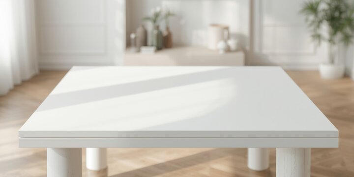 Rectangular table made of white wood with natural hardwood floor lines and a softly blurred background