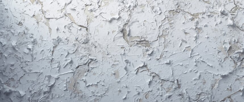 White wall peeling paint close up resembling icy soil and snow texture with copy space