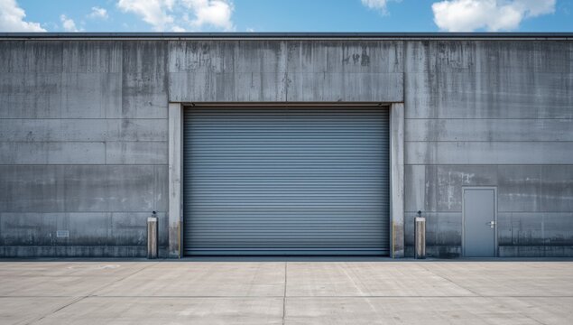 Warehouse service garage front with secure metal roll gate shutter closed