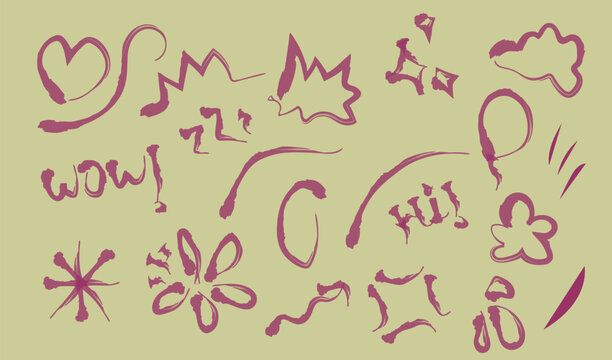 Pop art style speech bubble details, words and expressive symbols doodle set. Cute hand drawn vector illustration of comic expressive elements and signs.