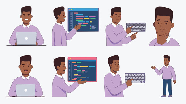 African American Male Developer Coding and Presenting in Various Poses.
