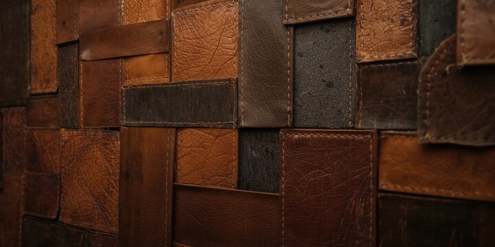Intricately stitched leather rectangles forming a textured patchwork display