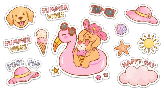 Playful golden retriever puppy summer sticker sheet collection featuring whimsical hand-drawn doodle illustrations of a joyful dog with pool float and cheerful cartoon motifs on white background