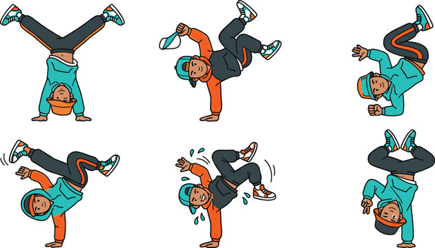 Breakdance Hip Hop Character Set with Headstand, Handstand, Freezes, and Street Dance Poses for Urban and Music Designs