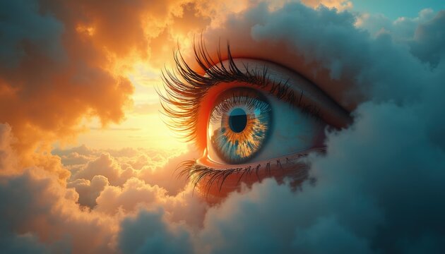 Giant human eye floats among clouds, gazing at golden sky. Divine watchful presence, spiritual observation, omniscience concept. Heavenly entity sees all.