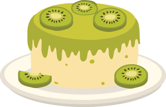 cute kiwi cake on plate showing a sweet fruit dessert on a plate for bakery menus, food design, summer themes,