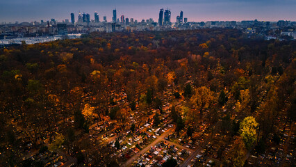 View of a Warsaw cemetery on All Saints' Day evening