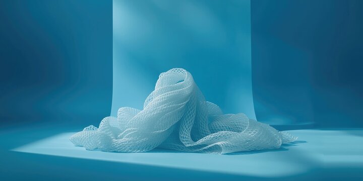 Sustainable fabric creation using recycled polyester from plastic bottles shown on a blue environmental awareness backdrop