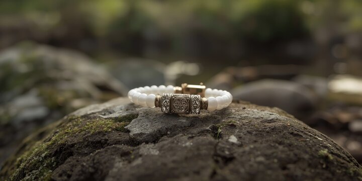 Meditative healing bracelet enhanced with orgone energy modules positioned in a natural outdoor environment