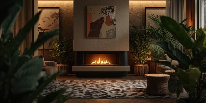 Trendy apartment space centered around a biofuel fireplace and unique design elements