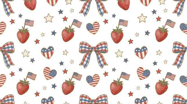 Retro Coquette July Strawberry Ribbon Bow America Girly Groovy Seamless Pattern Patriotic Red Blue Fruit Aesthetic Minimalist Illustration Isolated on White