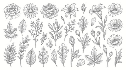 Fototapeta premium Botanical Illustration Of Flowers And Leaves Collection.