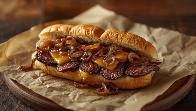 Philly cheese steak sandwich close up with parchment paper underlay on table