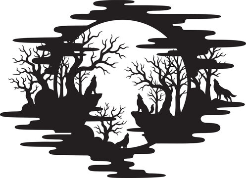 Stylized black silhouette of wolves howling at a large moon during nighttime in a forest landscape