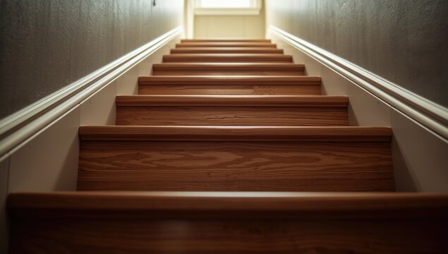 Perspective from below showing new hardwood stairs with detailed bullnose edges and baseboards