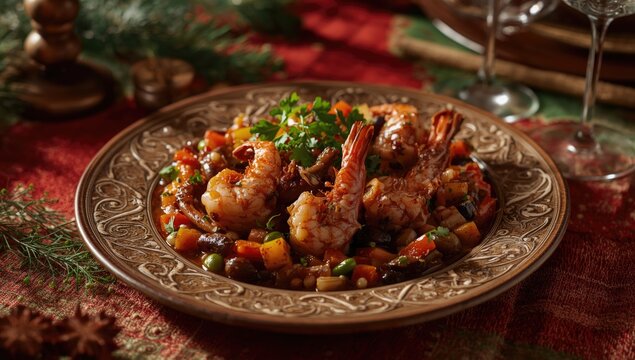 Xmas meal showcasing shrimp mole romeritos and mixed vegetables on festive plate