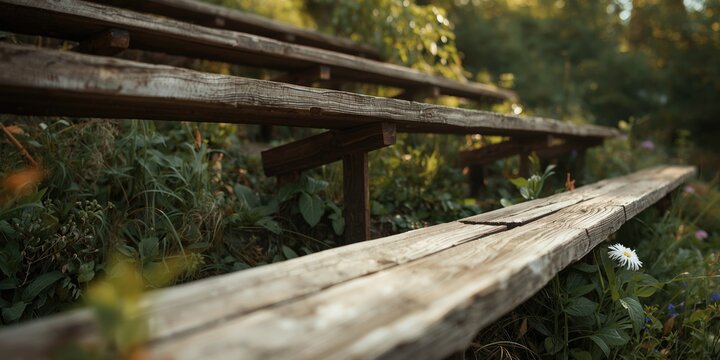 Rustic style wooden bleachers embedded in a lush green garden atmosphere