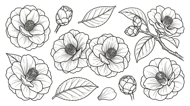 Intricate Floral Bloom Line Drawing Set.