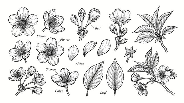 Botanical sketch flowering plant leaves and blossoms.