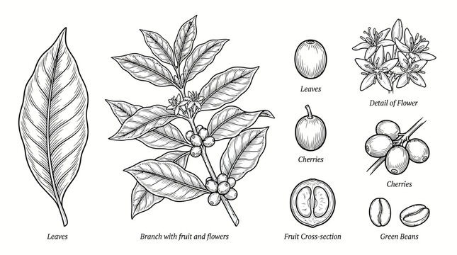 Botanical Leaf and Fruit Diagram Illustration.