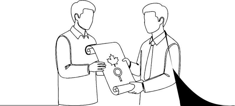 Two businessmen discussing important document with gears icon.