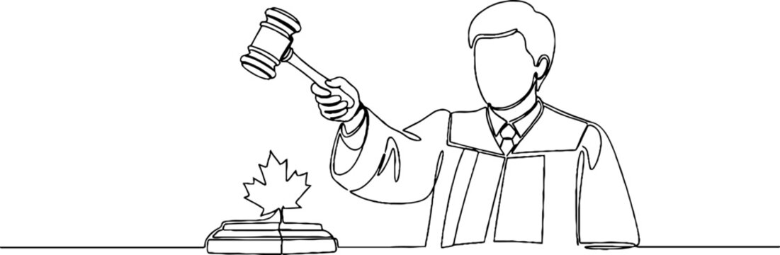 Cartoon judge holding gavel and maple leaf symbol.