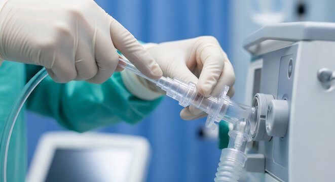 Gloved Medical Hands Connecting Breathing Tube to Ventilator in Hospital Room