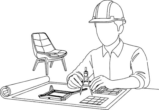 Architect drafting blueprints with precision tools and hard hat.