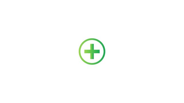 Animated medical plus icon in a white circle with a green outline. Black background.