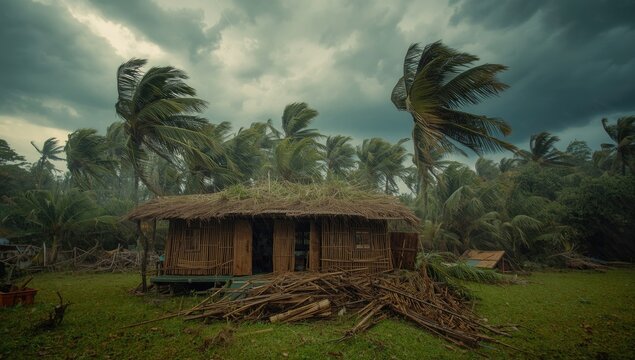 Tropical cyclone striking a bamboo built living space
