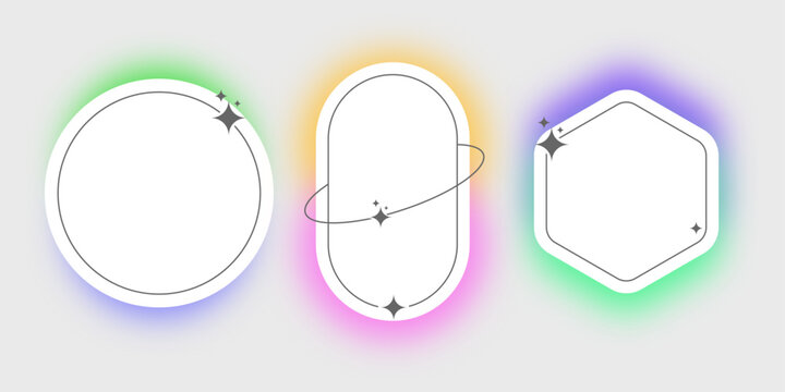 Collection of circular and hexagonal frames with glowing aura and star sparkles for design projects.