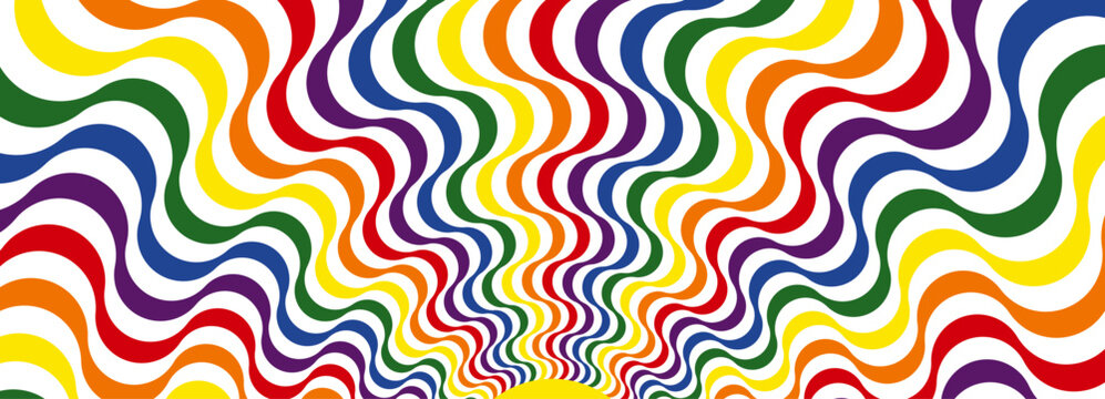 Retro background in LGBT pride colors vintage circus style sunburst.  Vector illustration hypnotic optical wave illusion. Colorful psychedelic poster spiral pattern in the style of 70's carnival.
