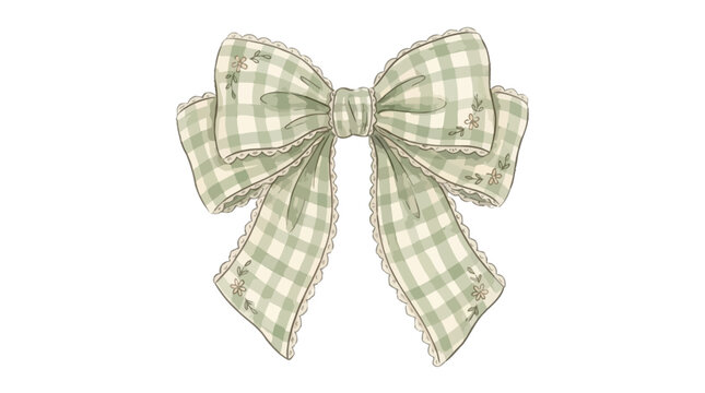 Whimsical Vintage Sage Green Gingham Checkered Ribbon Bow Hair Accessory Illustration Isolated on White Background for Fashion Design and Feminine Decor