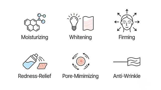 Molecules, light bulbs and face icons represent moisturizing, whitening, tightening, reddening, closing pores, and anti wrinkle. They are suitable for all-purpose essence and skin care sets.
