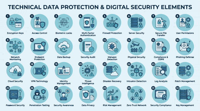 Cyber Security Icon Set for Technical Data Protection and Digital Security Elements