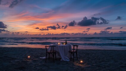 Fototapeta premium Table set for two on beach under colorful evening sky