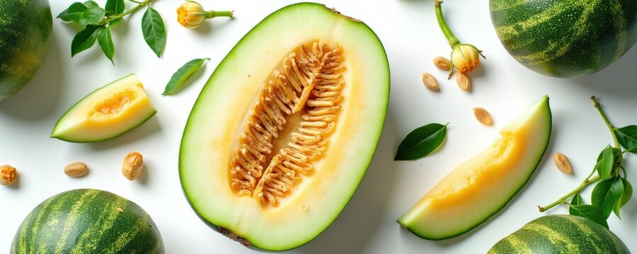Whole and sliced Piel de Sapo melons arranged with green leaves and seeds on white surface. Sweet juicy fruit cut open shows ripe orange flesh and seeds.