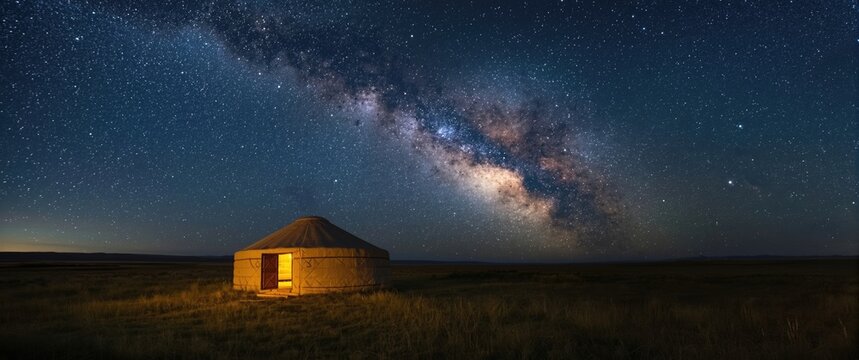 Nighttime view of a Mongolian ger beneath a vivid Milky Way sky