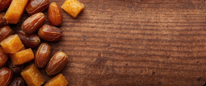 Natural date palm produce including fruit and jaggery displayed on textured wood with copy space