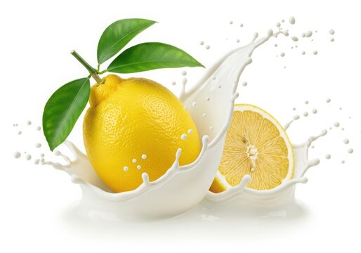 Fresh lemon halves emerging from a splash of milk with green leaves isolated on white background