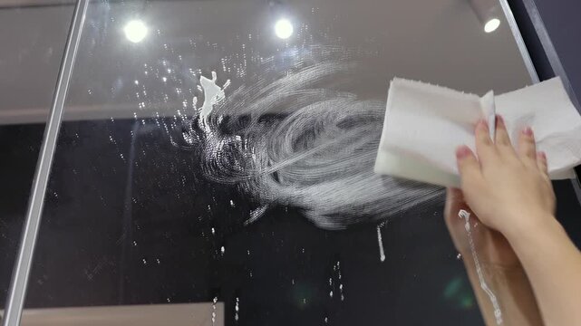 Handheld close-up shows a teenager cleaning a hallway mirror with spray and a paper towel as part of an everyday home cleaning routine.