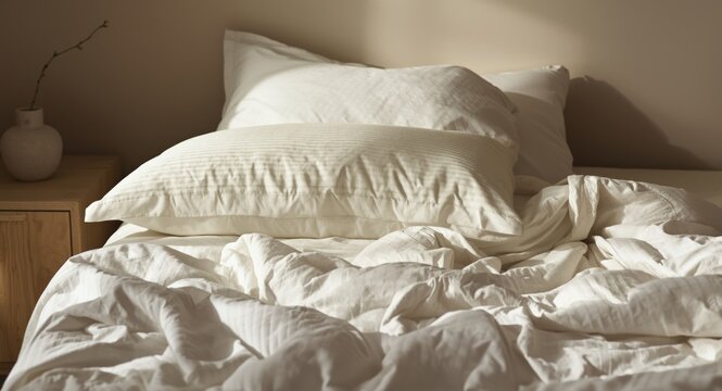 Relaxing bedroom scene with white linen and anatomical pillows featuring latex memory foam for healthy sleep