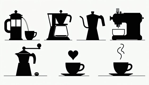 Various coffee makers and cups including french press moka pot and drip coffee machine. A cup with heart shape steam shows love for coffee beverage. This collection shows home brewing gear.