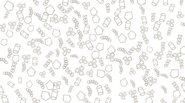 Abstract geometric design with pentagons, cylinders, spirals, dots in repetitive patterns on a white background. Ideal for modern graphics projects.