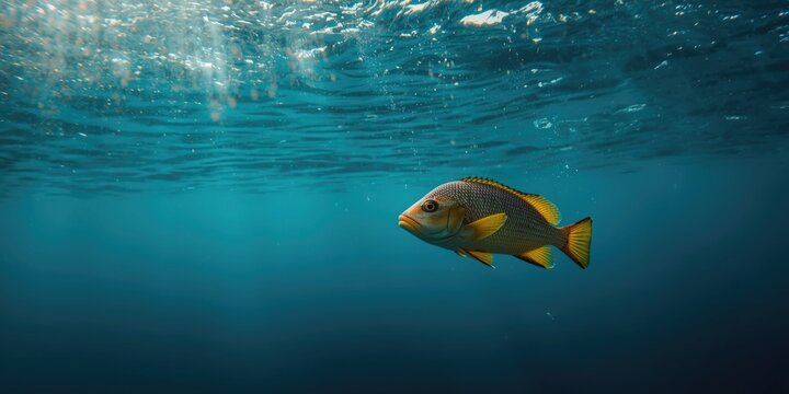 Intimate view of a Wolf Fish cruising through sparkling blue water with visible texture